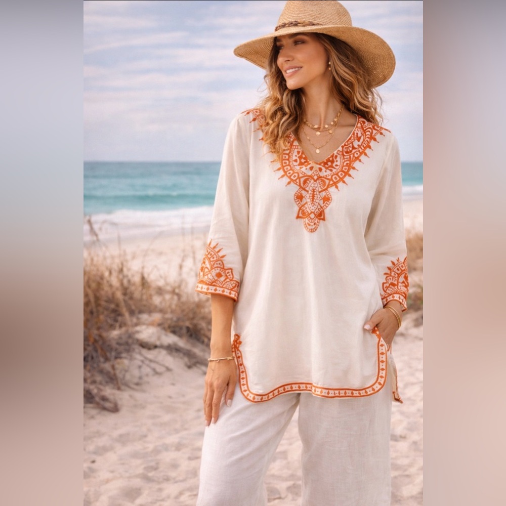 Sigrid Olsen Signature Boho Bhakti Cotton Voile Embroidered Tunic~Size Medium